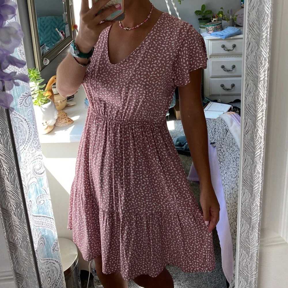 Pink Rose Dotted Midi Dress in Pink and White - Picture 1 of 4